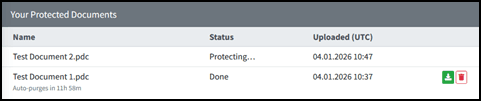10. Protected documents: These are listed ready for download via your web browser. Protected documentss will be auto purged after 12 hours, or can be manually prurged.