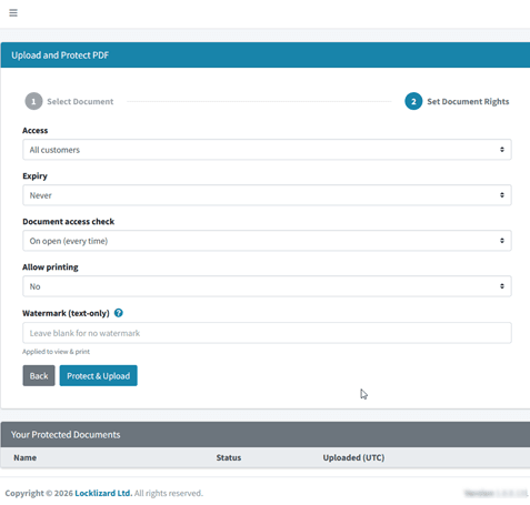 3. Set Document Rights: Here you select how customers/users can view your protected PDF documents.