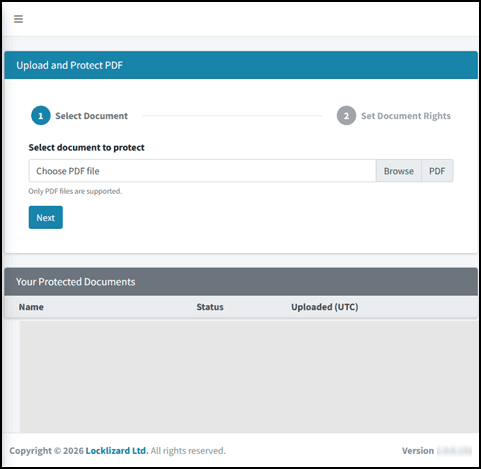 2. Web Writer - Select Document: from your web browser, browse and select the PDF document to be protected.