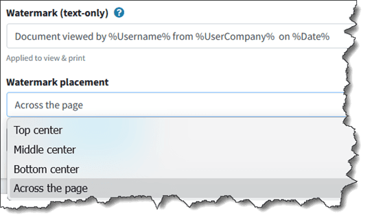 8. Watermarks, text only: Here you select whether watermarks are displayed & printed on your protected PDF documents. System variables - user name, company name, email address, date/time stamp - can be dynamically applied when printing occurs.