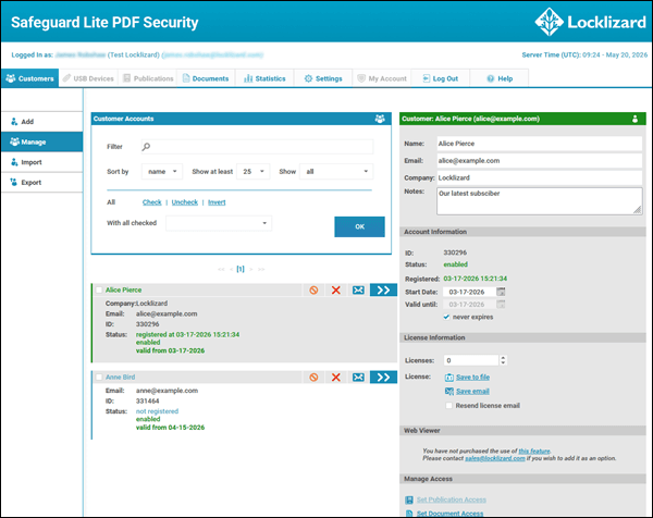 Customers: This is where you create, edit and manage user accounts and assign document and publication access.